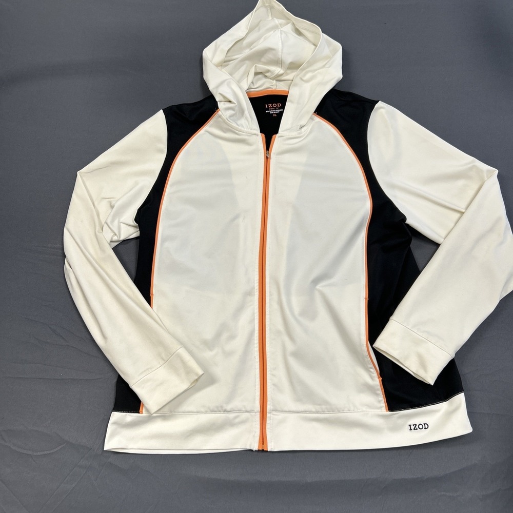 Izod Jacket Womens XLarge White CoolFX Contrasting Trim Full Zip Hooded Track